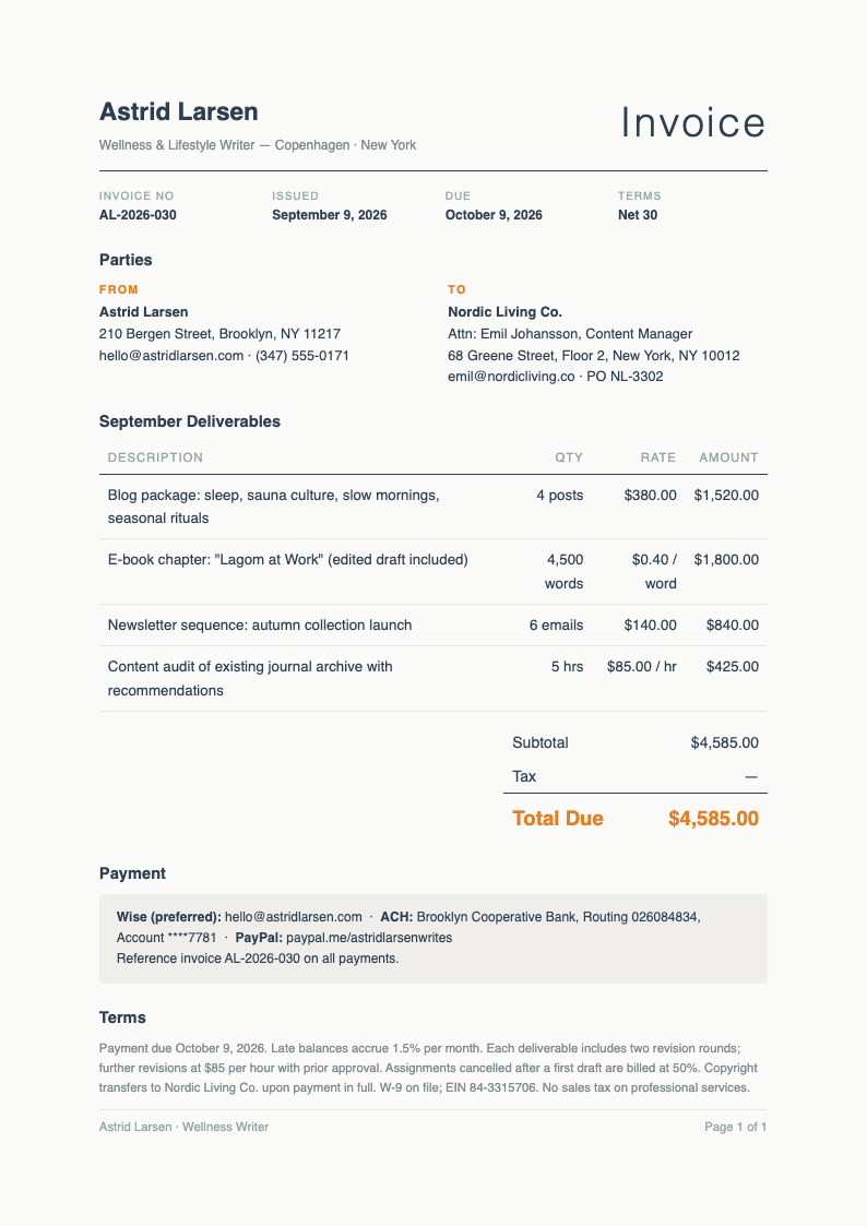 Nordic scandi freelance writer invoice